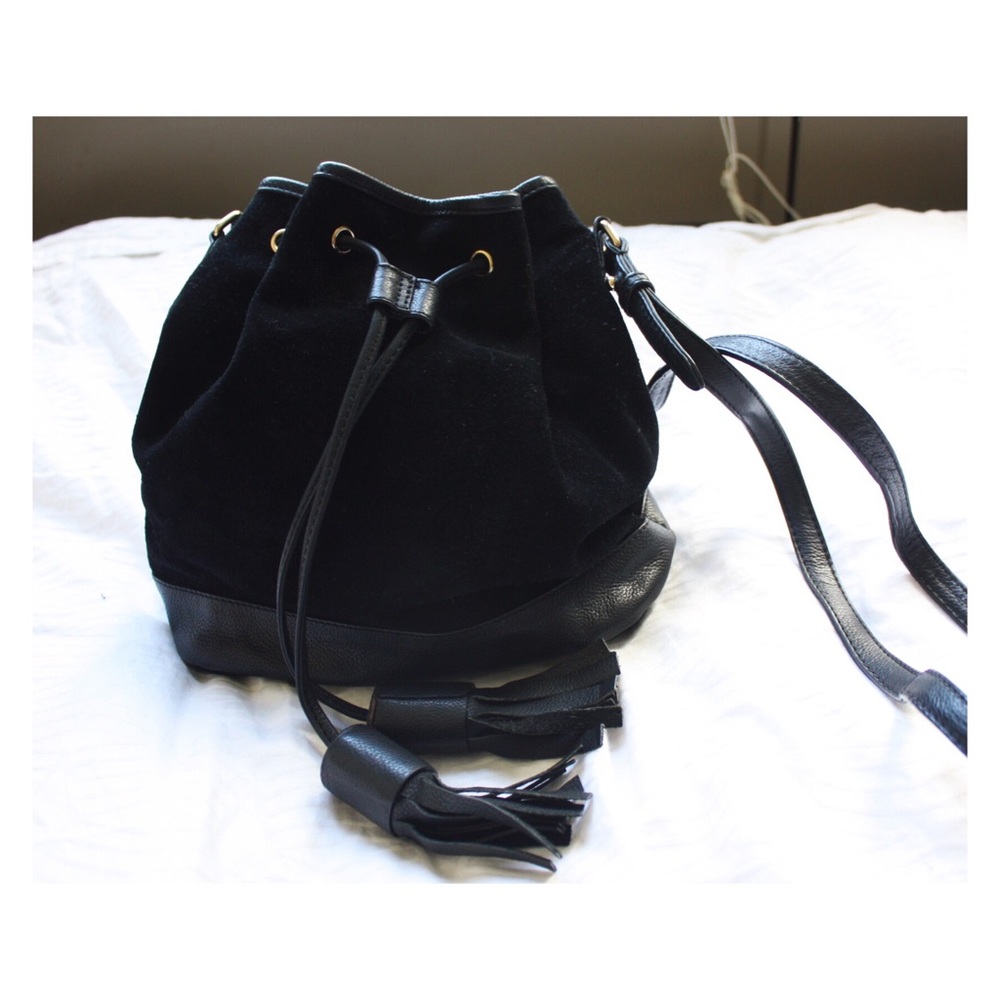 Black Leather and Suede Bag with Tassels